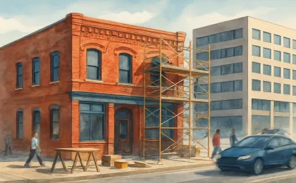 Urban illustration with scaffolding at a historic building and construction materials suggesting renovation in an 18th and Vine–style district.