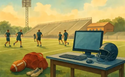 Illustration of a football practice setting with players warming up and a separate tech workstation suggesting security support.