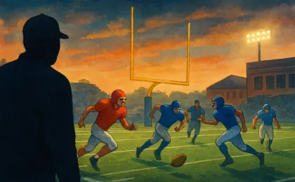 Dusk football scene with players sprinting and a goalpost visible as a late-game moment unfolds
