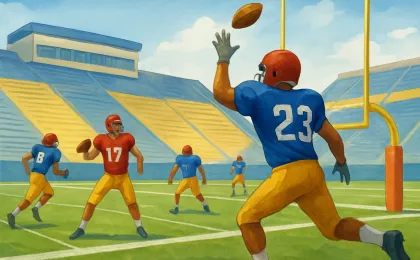 An artistic scene inside a football stadium with young players and a defensive breakup near the goal line during a preseason practice-style game.