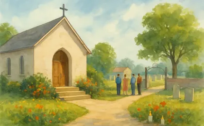 Illustration of a small-town church steps and a calm cemetery entrance with flowers and candles for a community remembrance service.