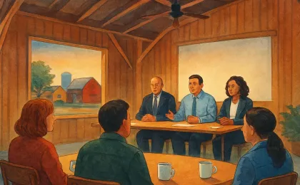 People gathered around a coffee table inside a barn-like meeting setting, listening to county representatives