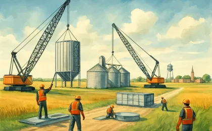 Illustration of construction crews building a rural fertilizer plant near open fields and a small town in Kansas.