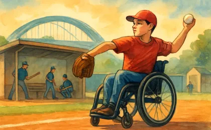 Illustration of a wheelchair softball player assisting a team in a dugout and practicing on the field under stadium lights, conveying a first-pitch and championship summer.