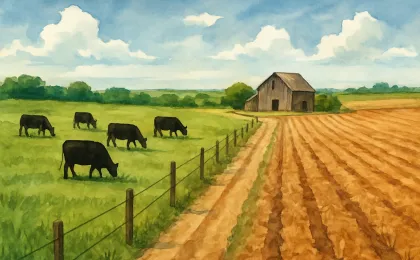 Illustration of cattle on one side and a strained grain field on the other, representing the split farm economy outlook.