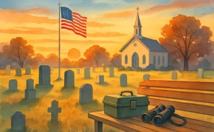 Illustration of a peaceful cemetery scene with symbolic outdoors and community-service elements.