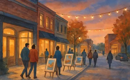 Illustration of a warmly lit downtown street during an evening community art-and-business event, with people walking and small art displays along the sidewalk.