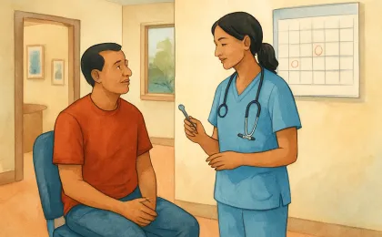 A calm clinic scene showing a routine wellness checkup and a focus on preventive health.