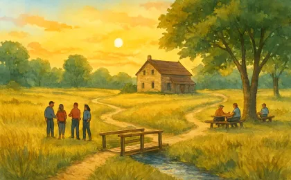 Sunrise view of a prairie trail leading to a historic farmhouse, creek, and picnic spots at a nature park.