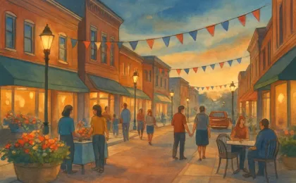 People walking a warmly lit downtown street with flowers and outdoor seating during a community evening event