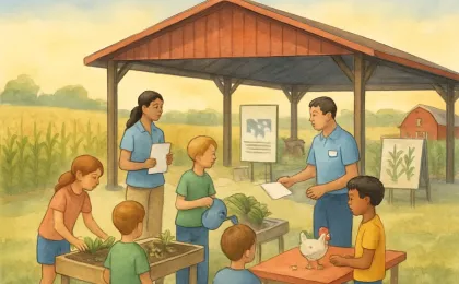 Children learning about agriculture at an outdoor expo-style event with farming-themed activity stations under dry-weather skies.