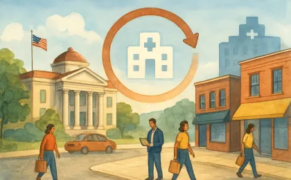 A downtown street scene showing everyday shoppers transitioning into a hospital funding concept with no text or logos.