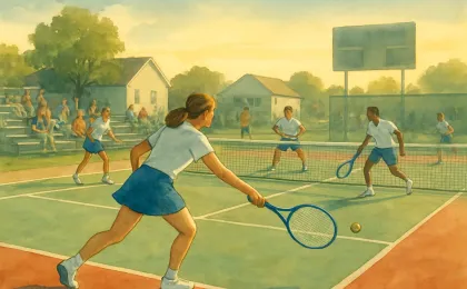 A painterly tennis-court scene showing young players rallying under bright daylight.