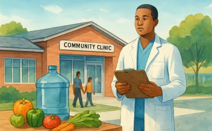 A calm illustration showing a clinic visit setup with produce and hydration to represent Cyclospora awareness and seeking medical care.