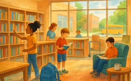 Community library scene with bookshelves, readers, and a summer backpack near a welcoming table