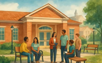 Illustration of a calm residential youth care setting with community support and a distant university backdrop.