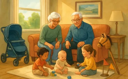 Illustration of a caring elderly couple spending time with toddlers at home, with a stroller and pretend-play items nearby.