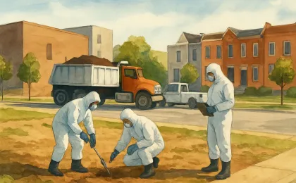 Illustration showing workers preparing vacant lots for soil cleanup in an urban Kansas neighborhood.