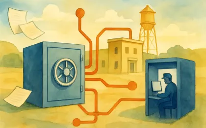 Illustration of confidential documents moving into a secure vault connected to a contained AI system for guarded information handling.