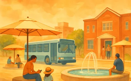 People cool off in a community area during extreme summer heat, with shade, a public water feature, and an air-conditioned transit bus.