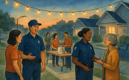 Warm evening illustration of residents and first responders chatting at three neighborhood block-party gatherings on residential streets.