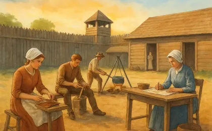 People engaging in hands-on history activities inside a recreated historic fort courtyard
