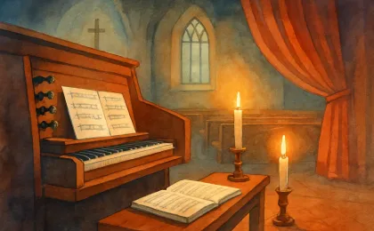 A warm church interior illustration with an organ and subtle hints of community theater arts in the background.
