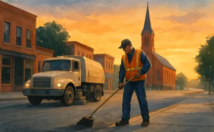 A respectful illustration of a Kansas town street scene with community roadwork and a church silhouette in the background.