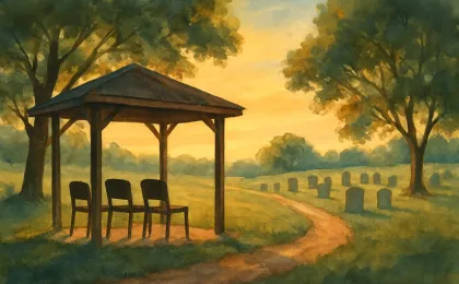 A peaceful cemetery at dusk with a path toward headstones and a quiet area prepared for a graveside remembrance.