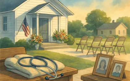 Illustration of a small-town chapel entrance with flowers and a nursing symbol, representing a memorial service in Fort Scott.