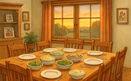 Warm illustration of a large family meal table in a cozy home, with subtle church-inspired decor indicating community and remembrance.