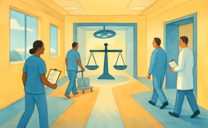 Abstract illustration of a hospital setting showing coordinated, quality-focused bariatric care with safety and efficiency symbols.