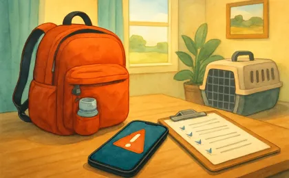 A family prepares an emergency go-kit and plan with everyday supplies and a phone alert display.