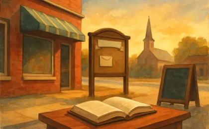 An illustration showing rural Kansas storefront warmth, a church silhouette, and a donation-and-education motif for a scholarship fund