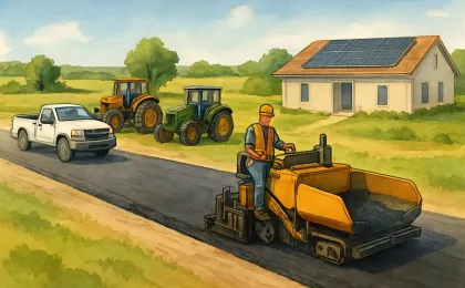 Rural road maintenance with tractors and a paving operation, plus solar panels in the background
