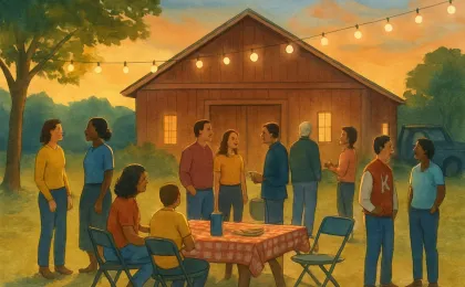 People socializing at a community hall during an evening event with folding chairs and warm lighting.