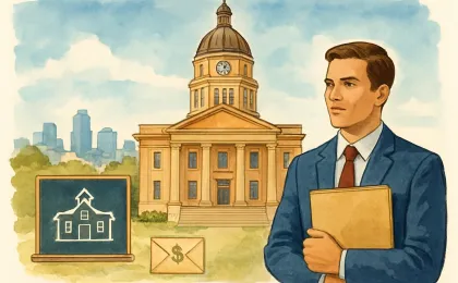 An original illustration of a Kansas courthouse with a legal professional and neighborhood education and community service motifs.