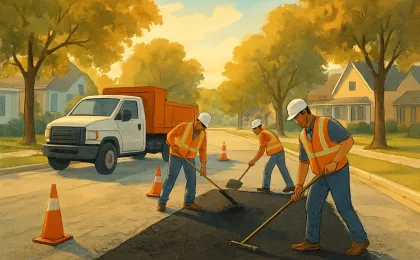 Illustration of a Kansas town street being prepped for asphalt chip and fog sealing with a roadwork crew and temporary traffic cones.