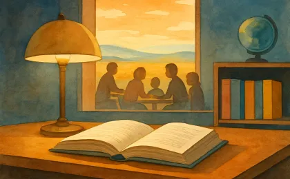 Illustration of a library desk with books and a small gathering suggesting education and community service