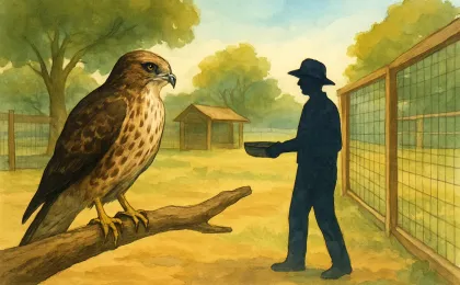 Illustration of a caretaker-assisted young bird of prey recovery scene at an outdoor wildlife enclosure.