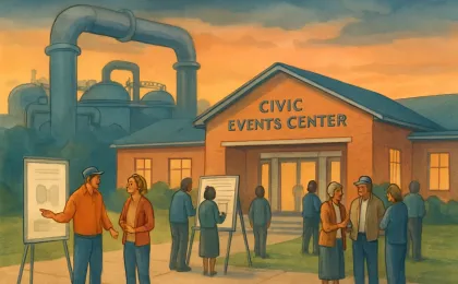 Residents gather at a civic events center while wastewater infrastructure elements are illustrated in the background, suggesting a community town hall about city funding.