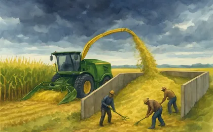 A rural team packs freshly chopped corn silage into a covered bunker while harvesting under changing weather conditions.