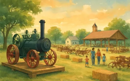 Families strolling through a heritage park with antique engines and vintage farm equipment on display.