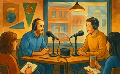 Illustration of a tavern studio with hosts at microphones and fans gathered for a live sports talk show.