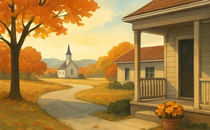 Illustration of a quiet rural Kansas road and a small church and funeral home setting with flowers and a respectful atmosphere.