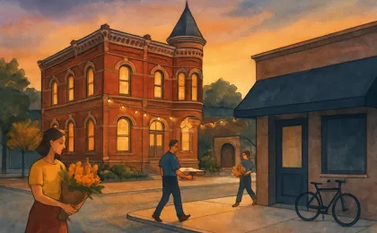 An illustrated Lawrence downtown street scene highlighting a historic venue and neighborhood businesses preparing for community events.