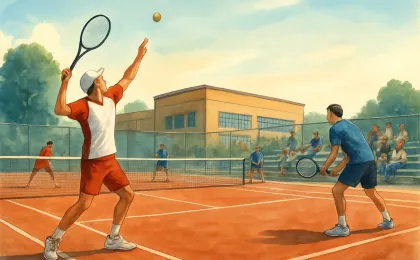 Illustration of high school tennis players competing on an outdoor court with spectators and a distant school building in view.
