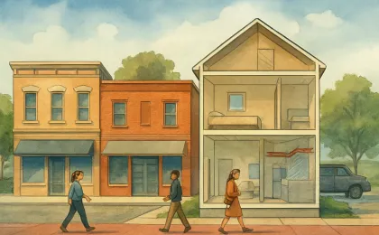 Cutaway illustration of Holton’s Town Square storefronts with rear residential spaces and fire-safety system features.