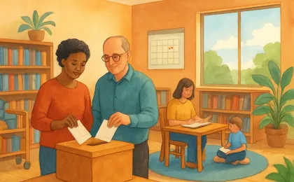 Cozy scene inside a small-town library with community members preparing donation cards and a reading area for children.