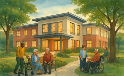 An illustration of a warm, accessible senior housing community in Hays with residents gathering outdoors near a landscaped courtyard.